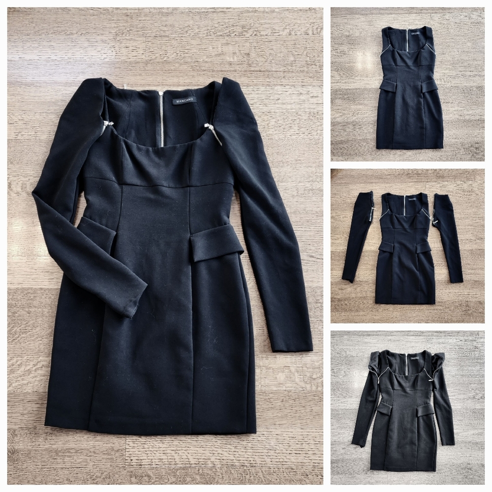 MANGANO Black Pencil Dress w Detatchable Long Sleeves, Gold Hardware, EU 44/US 8